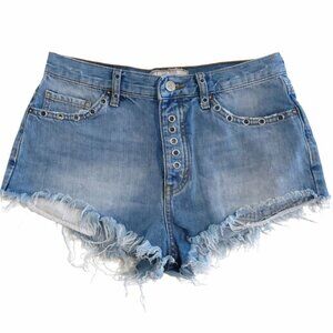 Free People Denim Shorts Button Fly Studded Pockets Distressed Cutoff